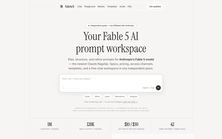 Fable 5 AI — Independent Model Guide & Prompt Workspace product preview