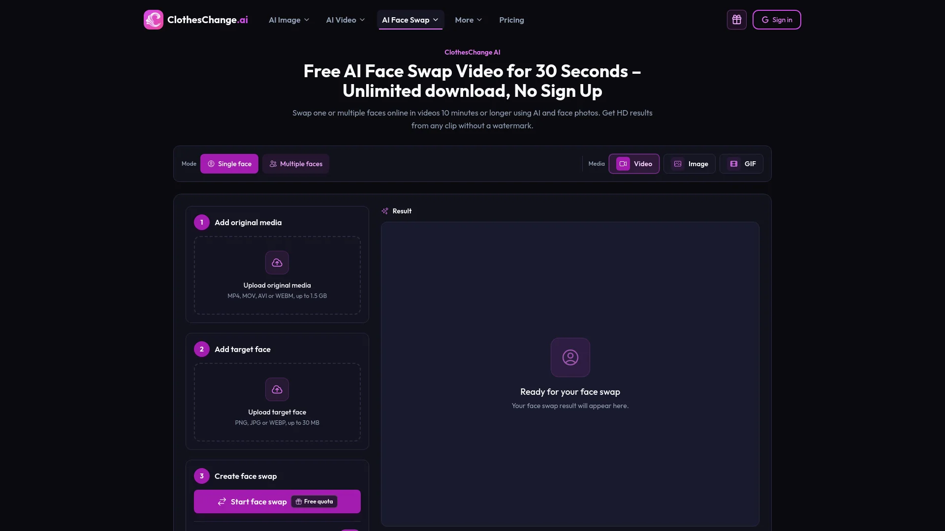 Clotheschange.ai - Free AI Video Face Swap product preview