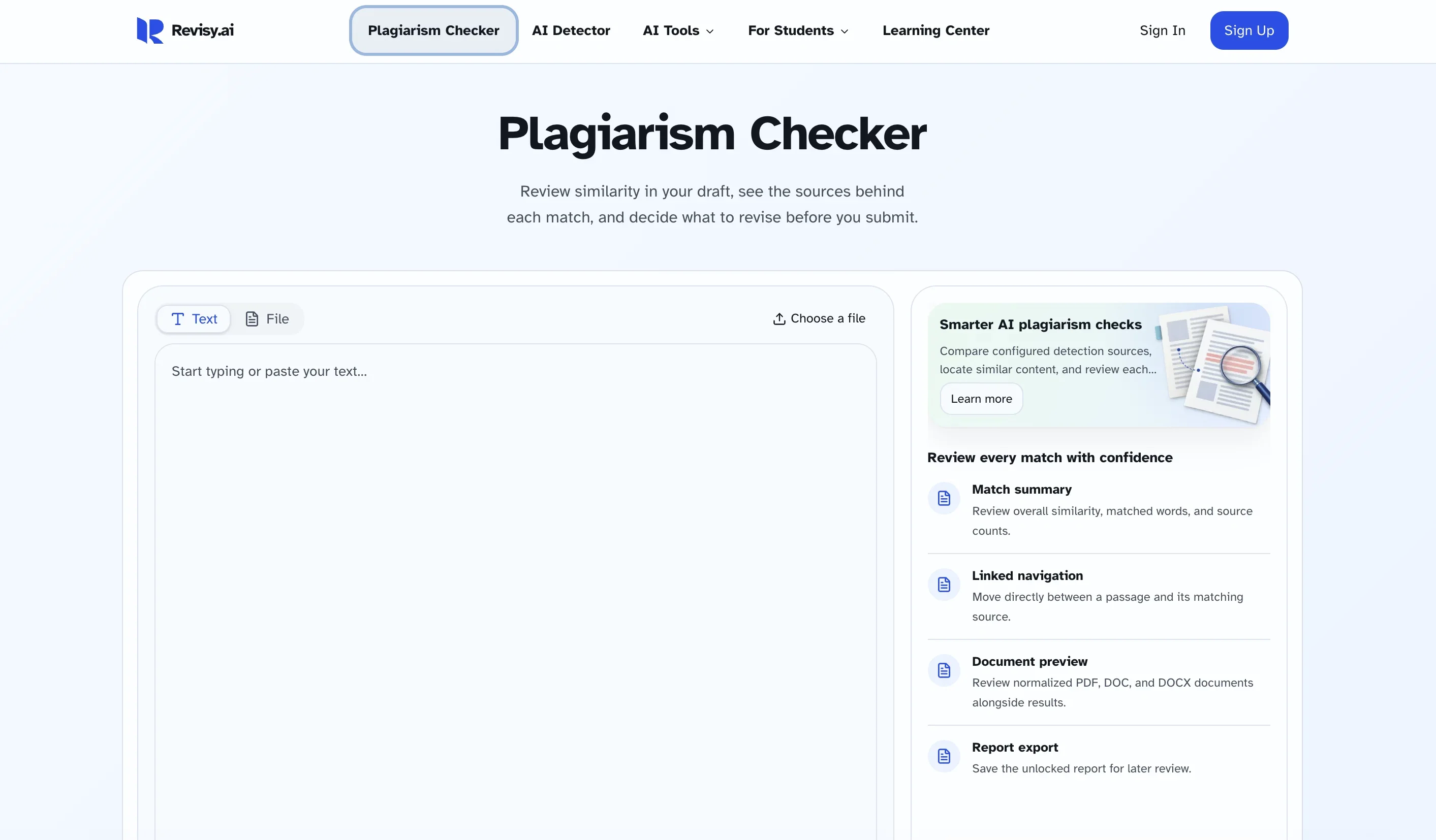 Revisy.ai Plagiarism checker product preview