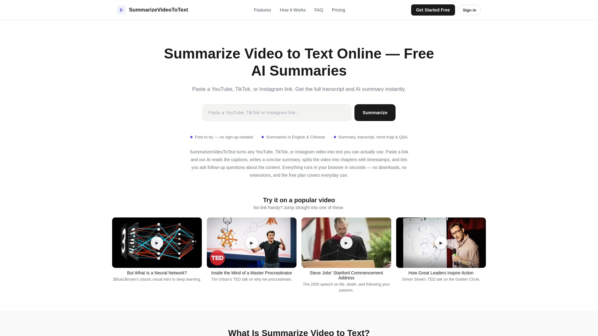 SummarizeVideoToText product preview